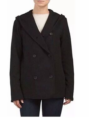 James Perse • Double Breasted Jacket Pea Coat Hooded Black